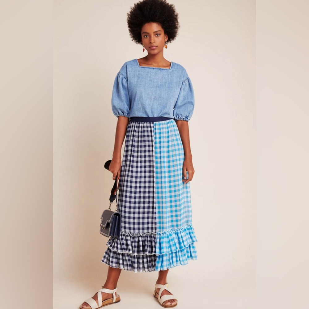 EVA FRANCO Anthropologie COTTAGECORE GINGHAM Print RUFFLE GIGI MAXI Skirt XS